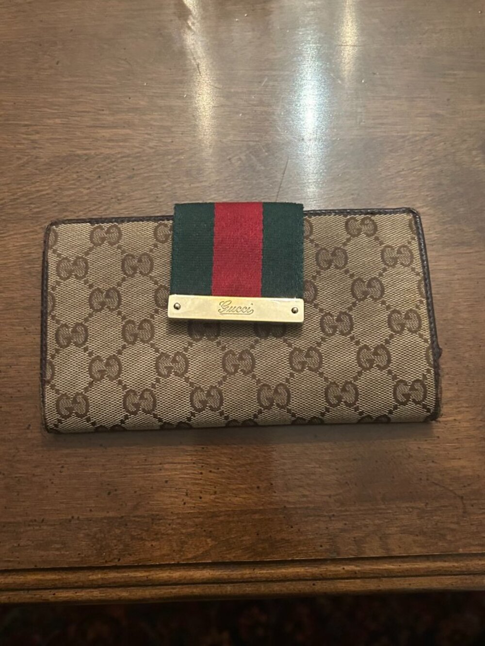 Gucci Brown GG Logo Supreme Canvas Web Red Green Stripe Long Wallet